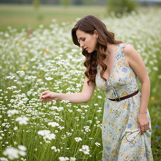 Photograph of a curvy, brunette woman with wavy hair in a floral dress, gently touching white wildflowers in a lush meadow.