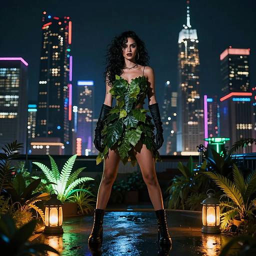 Photograph of a curly-haired woman in a green leaf dress and black gloves, standing on a rooftop at night, surrounded by neon-lit city skyline
