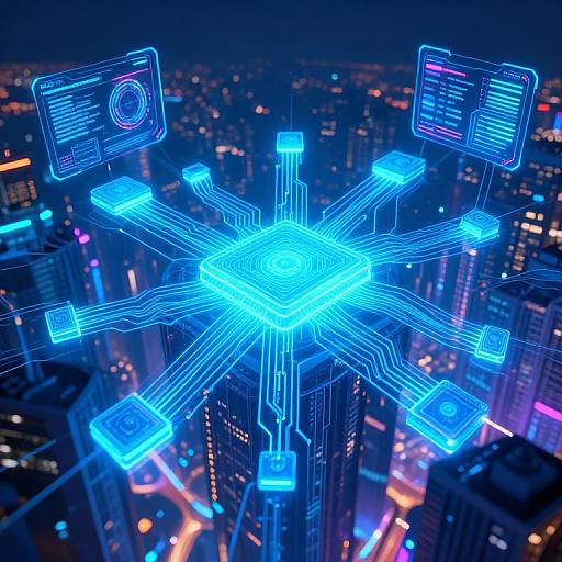 Digital CGI image of a glowing blue neural network hovering over a cityscape at night, with neon lights and holographic screens.