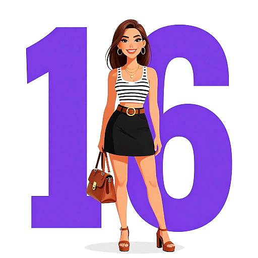 Digital illustration of a smiling woman in a striped top, black skirt, and brown heels, holding a brown bag, standing in front of large purple number