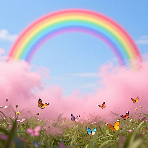 Colorful butterflies under rainbow with pink clouds