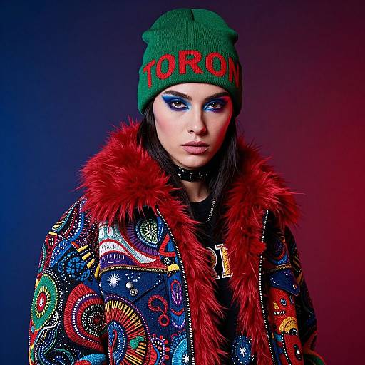 Photograph of a woman with bold blue eyeshadow, wearing a green beanie with 