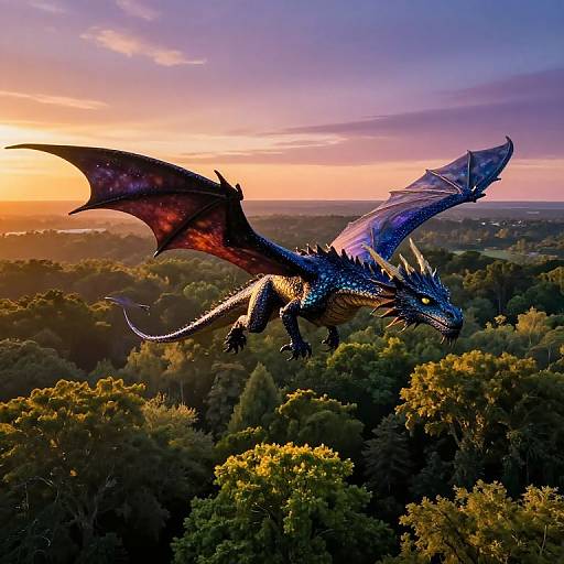 Photorealistic digital artwork of a blue, winged dragon with red-tinted wings soaring above a forest at sunset, with a colorful sky in