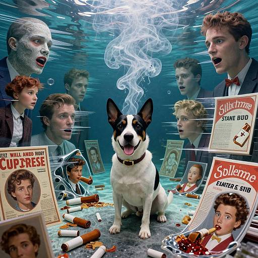 Photographic collage of 1950s ads with a central black-and-white dog smoking, surrounded by shocked men, vintage cigarette ads, and scattered cigarettes