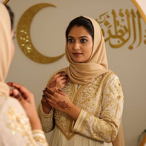 Photograph of a South Asian woman with dark hair, wearing a beige hijab and ornate gold-embroidered traditional outfit, displaying intricate h