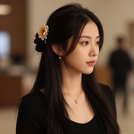 Photograph of an Asian woman with long black hair, wearing a black top, floral hair accessory, and necklace, in a softly lit indoor setting.