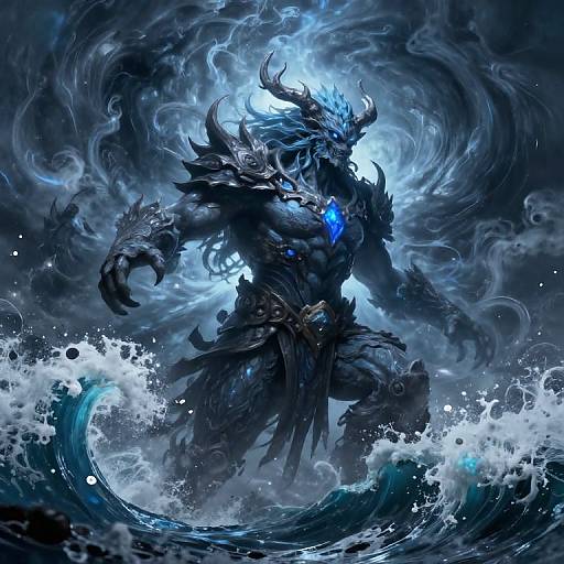 Digital fantasy artwork of a muscular, dark armored, horned sea monster with glowing blue eyes and chest, emerging from a turbulent ocean wave.
