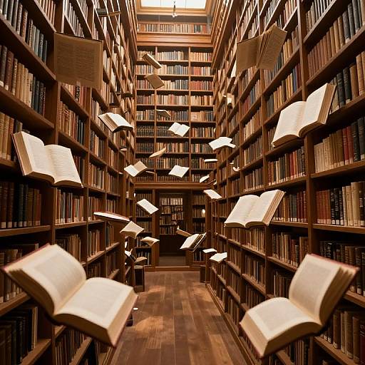 Photograph of a dimly lit library aisle with floating open books, surrounded by tall, wooden bookshelves filled with books. Warm, wooden floor