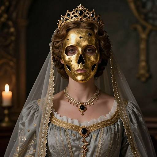 Photograph of a woman in a gold masquerade mask, Victorian-style dress with lace, pearl necklace, and tiara, candlelit background.