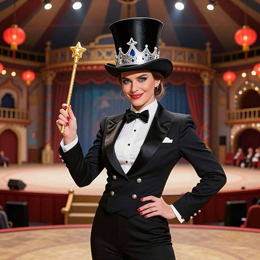 Photograph of a smiling woman in a black tuxedo, top hat with silver crown, holding a gold star wand, in a circus ring with