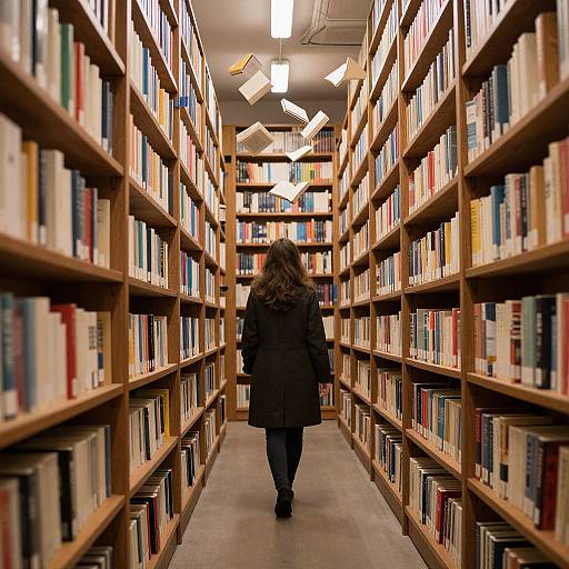 Photograph of a woman with long brown hair, wearing a black coat, walking down a narrow library aisle lined with wooden bookshelves filled with colorful