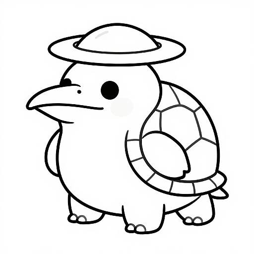 Black and white line drawing of a cute, cartoon-style elephant wearing a hat and backpack, standing on four round legs.