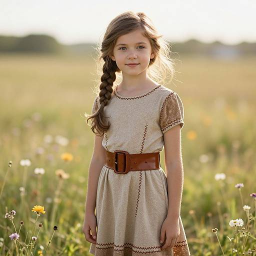 Young Girl in Beige Dress Standing in Wildflower Meadow