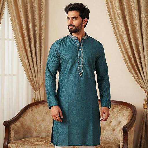 Stylish Teal Kurta Portrait Indoors