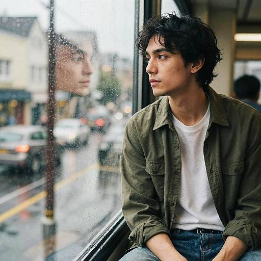 Photograph of a young man with messy black hair, wearing a green jacket and white t-shirt, sitting by a rainy city window, gazing outside