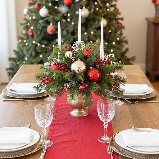 Photograph of a festive dining table with a red runner, pine centerpiece, white candles, red and gold ornaments, and crystal glasses. Christmas tree in