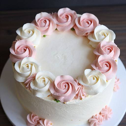 Photograph of a round, white-frosted cake adorned with pink and white rose-shaped buttercream flowers, arranged in a circular pattern.