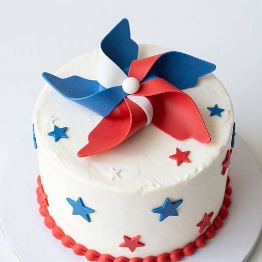 Photograph of a white cake with red and blue star decorations, topped with a red, blue, and white bow, and bordered with red beads.