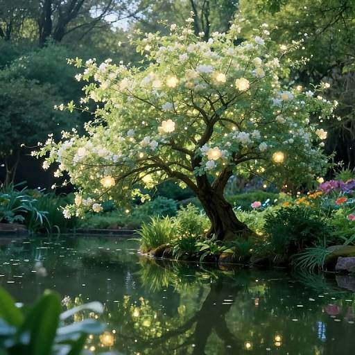 Photograph of a glowing tree with fairy lights over a serene pond, surrounded by lush greenery and colorful flowers in a magical garden setting.