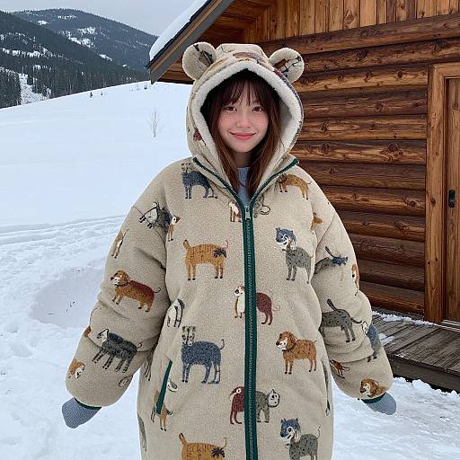 Photograph of a smiling Asian girl in a beige, animal-print hooded snowsuit with bear ears, standing in front of a wooden cabin in a