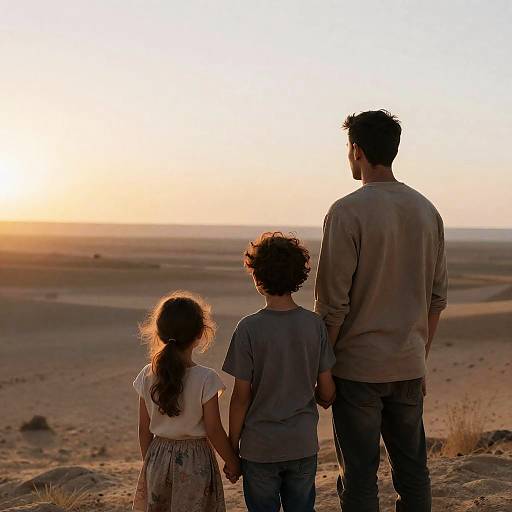 Refugee Family at Sunrise in Desert Landscape