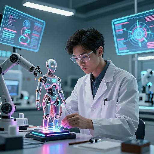 Photograph of an Asian male scientist in a white lab coat, glasses, and black shirt, assembling a glowing, neon-lit robotic figure in a