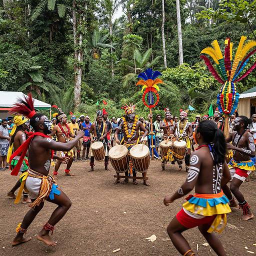 Photograph of vibrant African drummers in colorful feathered headdresses and traditional attire, performing outdoors in a lush, tropical forest setting.