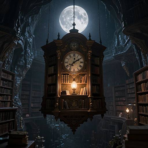 Photograph of a Gothic library at night, featuring a large, ornate clock with glowing light hanging from a moonlit, arched ceiling.