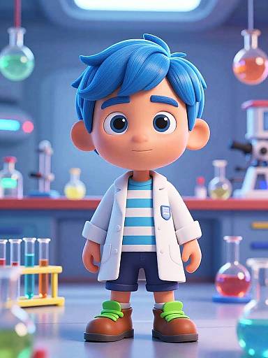 CGI cartoon of a blue-haired boy in a white lab coat, striped shirt, green socks, and brown shoes, standing in a colorful laboratory with