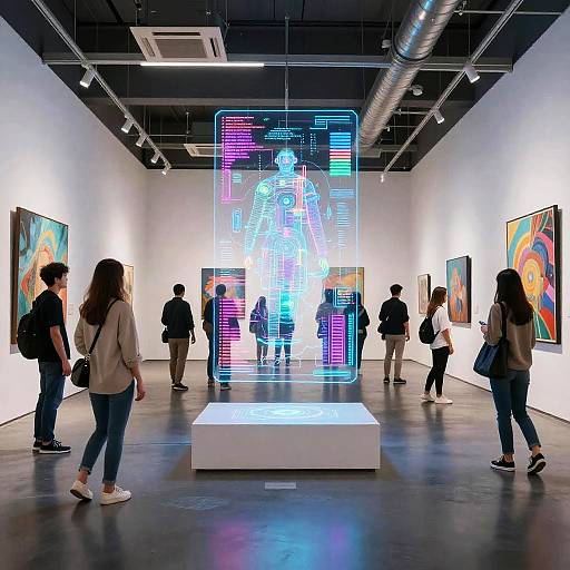 Photograph of a modern art gallery: Neon-lit figure centerpiece, surrounded by diverse visitors, colorful abstract paintings on white walls.