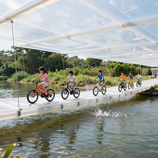 Photograph of five children riding colorful bicycles on a narrow, floating bridge over a calm river, with lush greenery in the background. Bright sunlight and