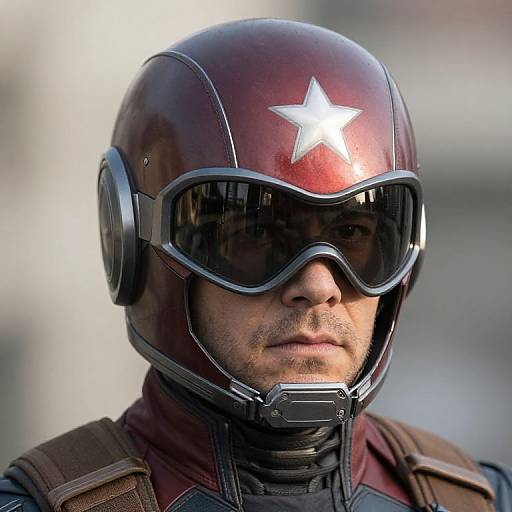 Photograph of a serious man in a shiny red helmet with a white star, black visor, and brown leather gear, against a blurred urban background