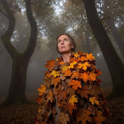 Photograph of a woman with short brown hair, wearing a cloak of autumn leaves, standing in a foggy forest with tall, dark trees in the