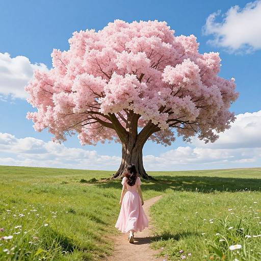 Photograph of a woman in a pink dress walking towards a large cherry blossom tree under a bright blue sky with white clouds.