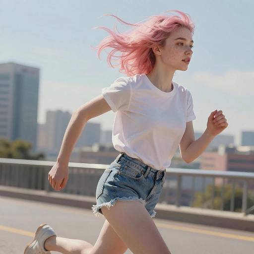 Young Woman Running in City with Pink Hair