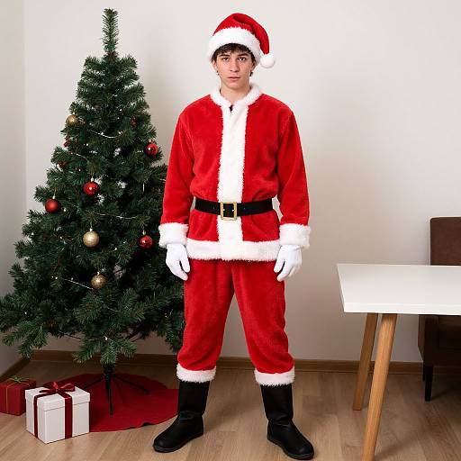 Photograph of a young man in a red Santa outfit with white fur trim, black boots, and hat, standing in front of a decorated Christmas tree