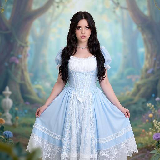Digital artwork of a fair-skinned woman with long black hair, wearing a white lace dress, standing in a mystical forest with sunlight filtering through trees and