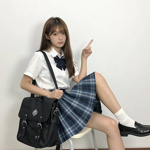 Asian woman in school uniform pointing upward