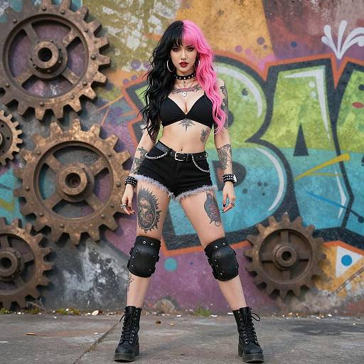 Punk Woman with Pink and Black Hair Against Graffiti Wall