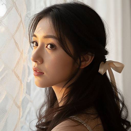 Photograph of an Asian woman with long black hair, tied with a cream ribbon, gazing softly at the sunlight filtering through sheer curtains.