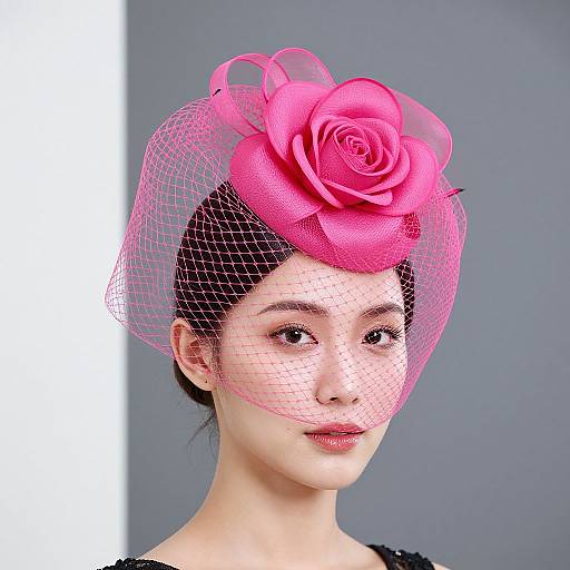 Photograph of an East Asian woman with fair skin, black hair, wearing a vibrant pink rose hat with mesh veil, gray background.