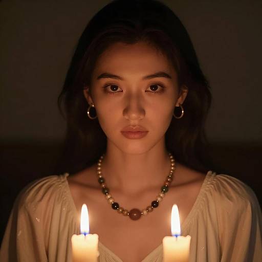 Woman Gazing at Lit Candles in Warm Dim Light