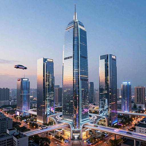 Photograph of a vibrant, futuristic cityscape at dusk, featuring tall, illuminated skyscrapers with sleek glass facades, a busy freeway interchange,