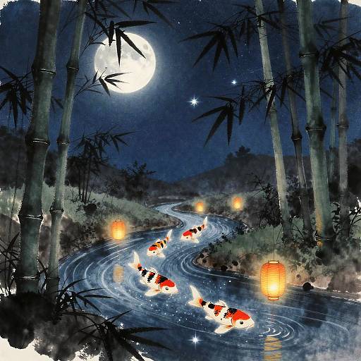 Moonlit Bamboo Grove with Koi Lanterns