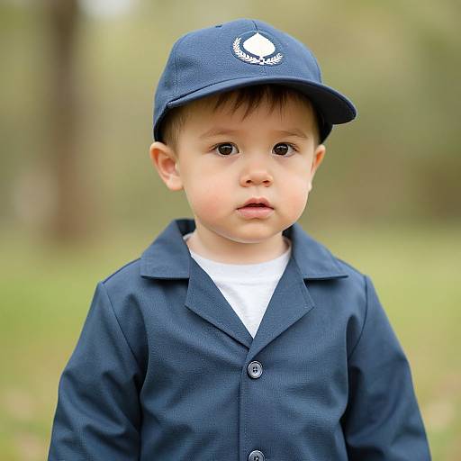Photograph of a young Asian boy with fair skin, wearing a blue cap with a logo, blue button-up shirt, and white t-shirt, standing