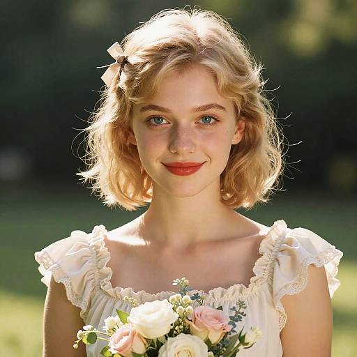 Photograph of a young blonde woman with fair skin and blue eyes, wearing a white, ruffled dress, holding a bouquet of pink and white roses