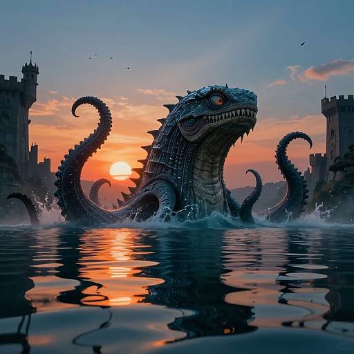 Digital artwork of a massive, scaly sea monster with glowing red eyes emerging from water at sunset, surrounded by castle silhouettes and birds against a
