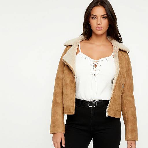 Photograph of a young woman with long dark hair, wearing a tan suede jacket with white faux fur collar, white lace-up top, and black high