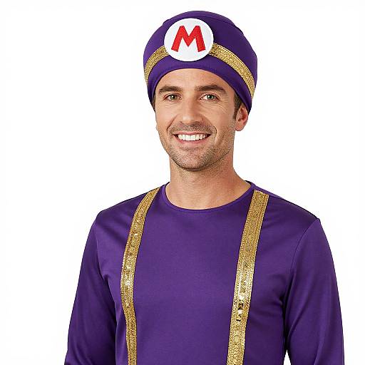 Photograph of a smiling man with light skin wearing a purple top and matching hat with a red 