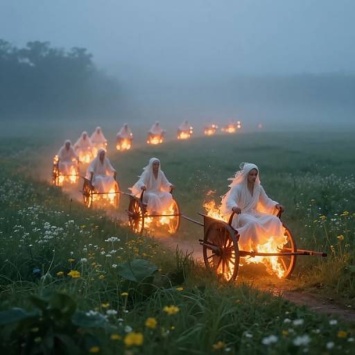 Photograph of a misty field at dusk, showing nine people in white robes, riding wooden carts with lit fires, creating a magical, ethereal